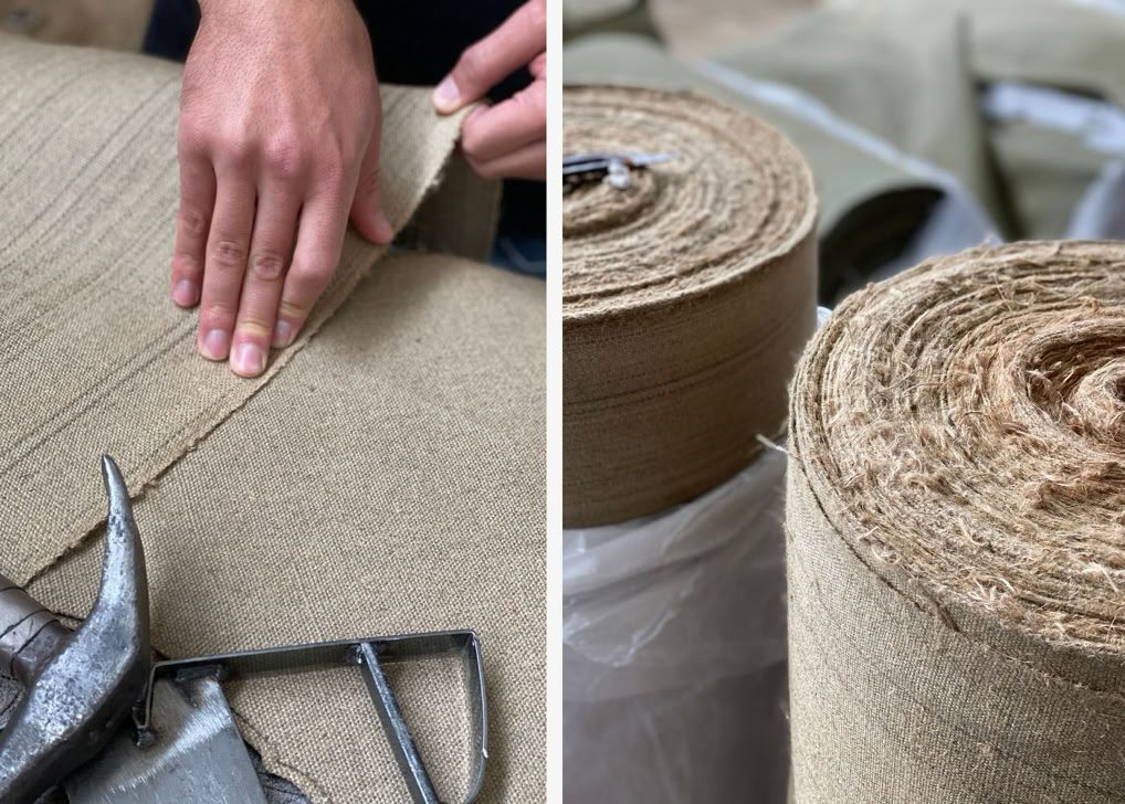 Hemp fabric on a roll being cut by hand